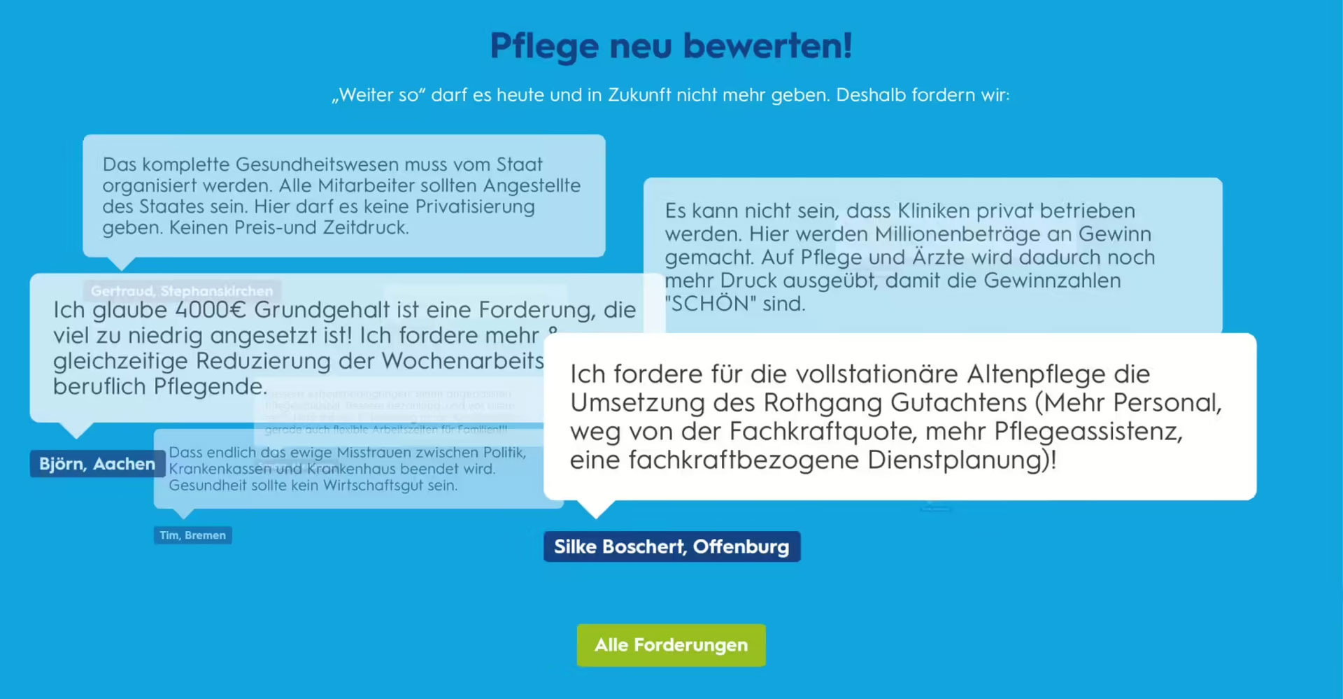 Grafik: Zitate von Pflegekräften fordern bessere Bezahlung, mehr Personal, weniger Privatisierung und eine Reform der Altenpflege nach dem Rothgang-Gutachten.