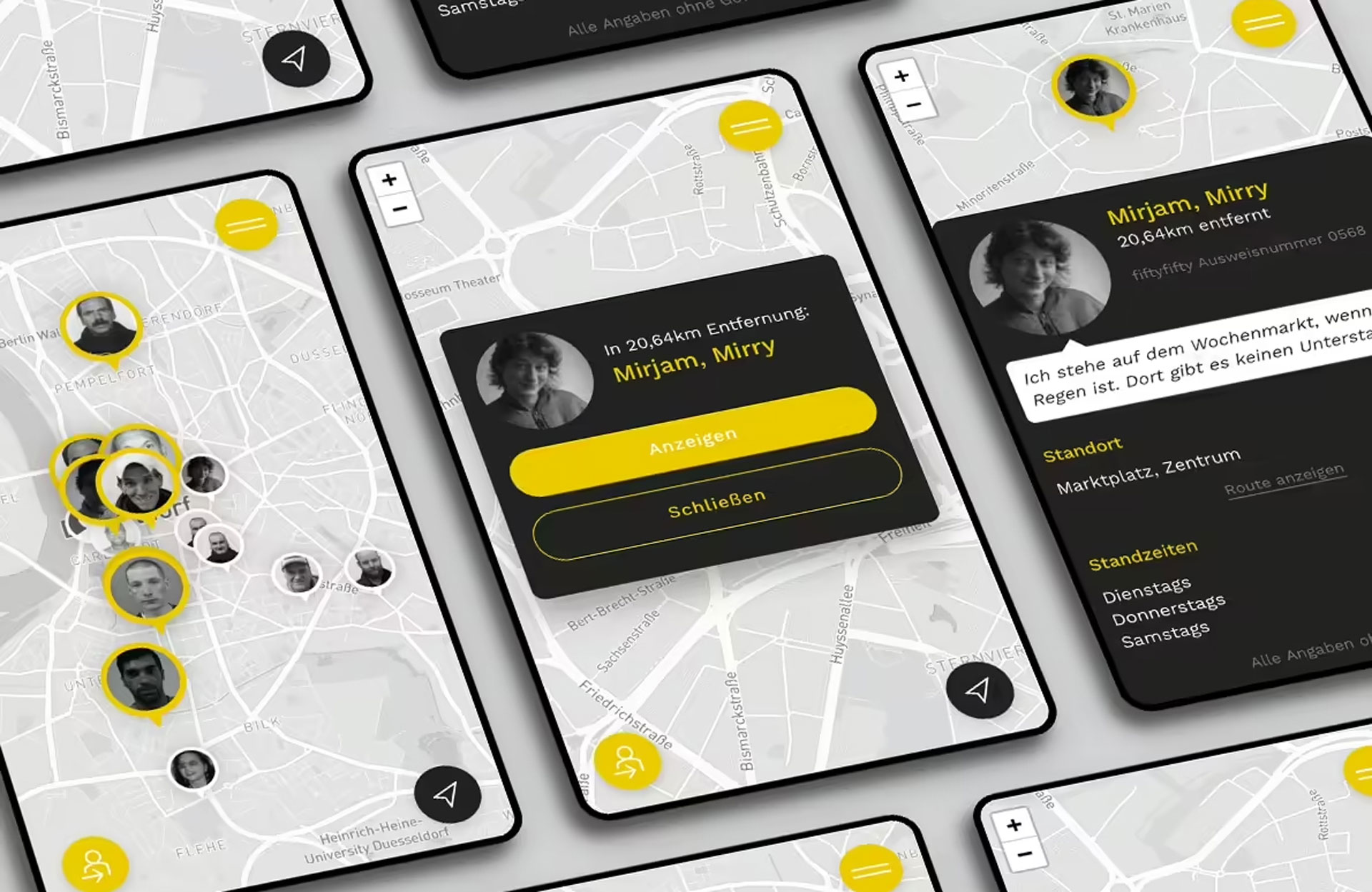 Kachel_fiftyfifty_App_3 Foto: Interaktive Kartenansicht der fiftyfifty-App – Nutzer:innen sehen Straßenmagazin-Verkäufer:innen in ihrer Nähe inklusive Standortdetails, Erreichbarkeit und Standzeiten. Perfekt zur Veranschaulichung sozialer Digitalisierung.